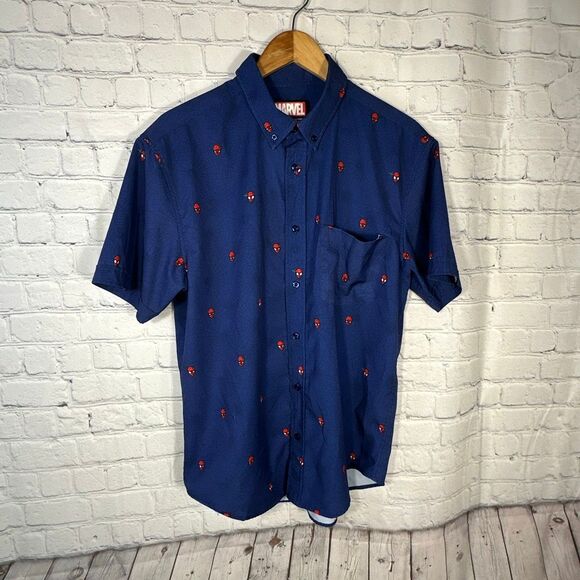 RSVLTS Marvel Spider-Man Shirt Medium Button Up Blue Short Sleeve Spidey Kunufle - Picture 1 of 11